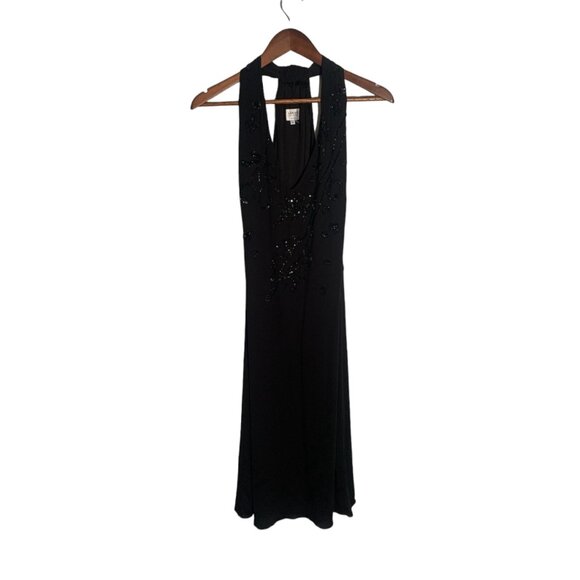 Vintage Armani Black Halter Top V-Neck Evening Gown with beaded accent. Size 14